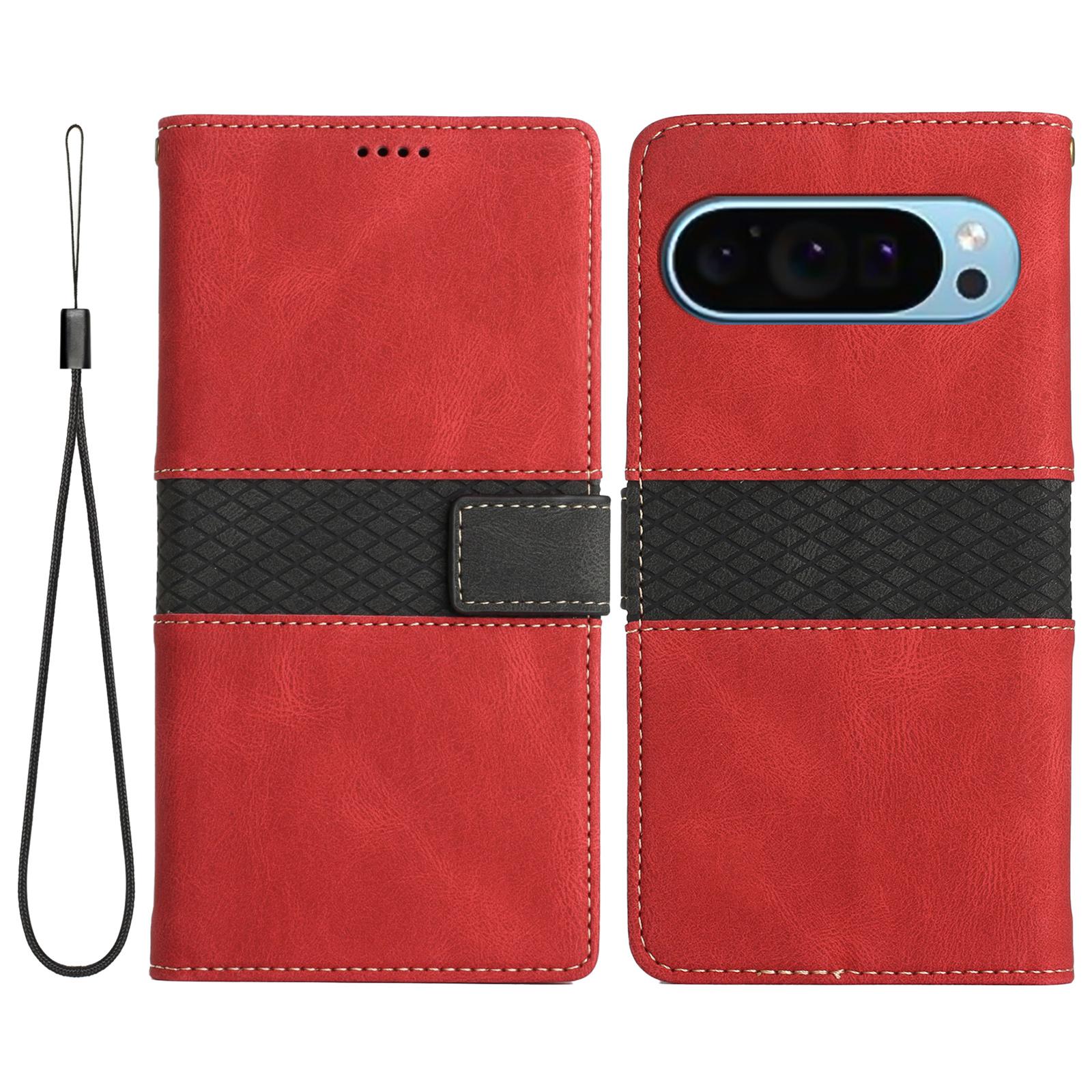 

For Google Pixel 9/9 Pro Case Grid Splicing Wallet Card Slots PU Leather Phone Cover Red