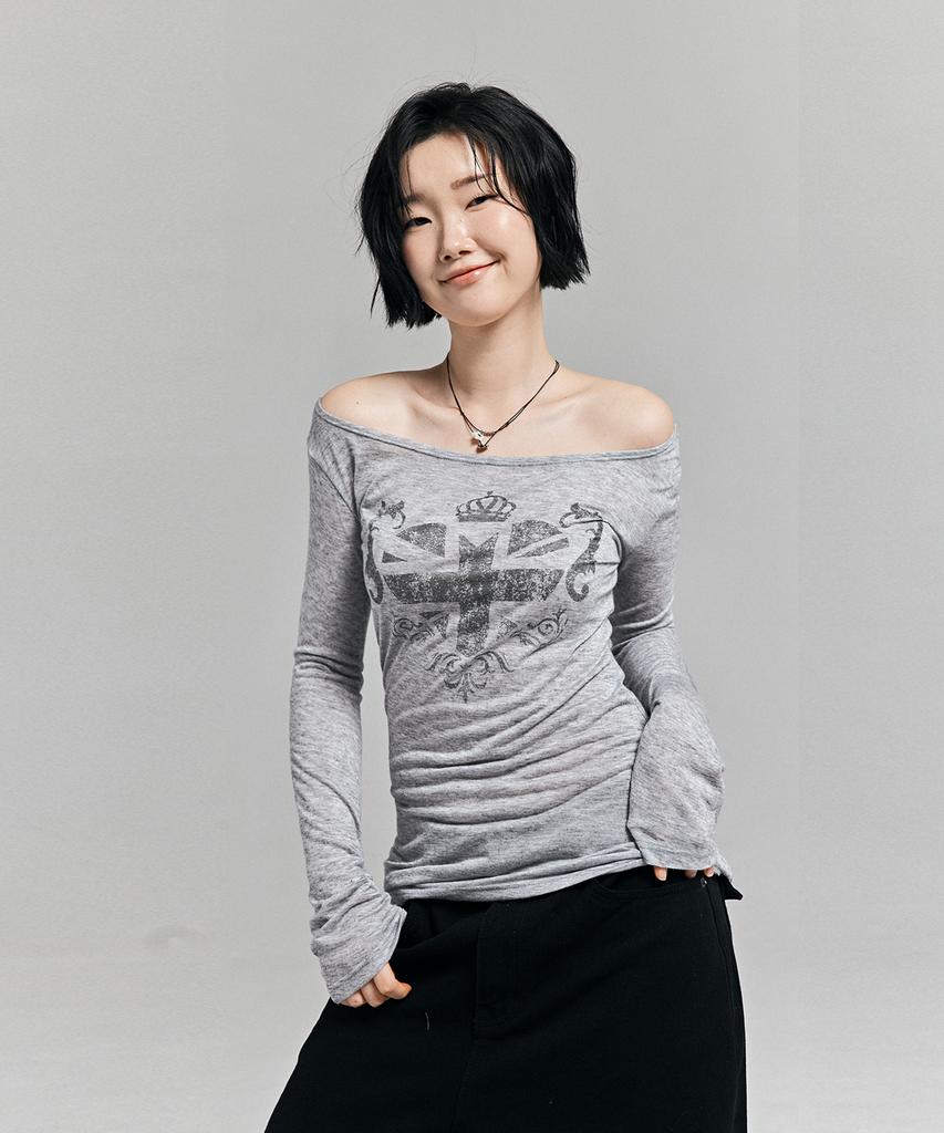 AWESOME STUDIO See-Through Union Jack Long Sleeve T-Shirt Melange Grey