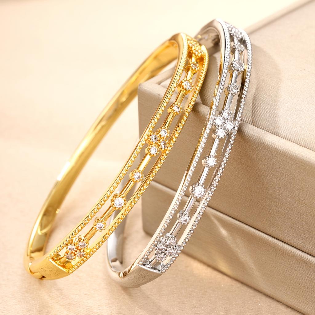 Luxurious hollow lace floral design inlaid with synthetic zirconium, copper open bangle with delicate beaded edges and carved patterns, a delicate