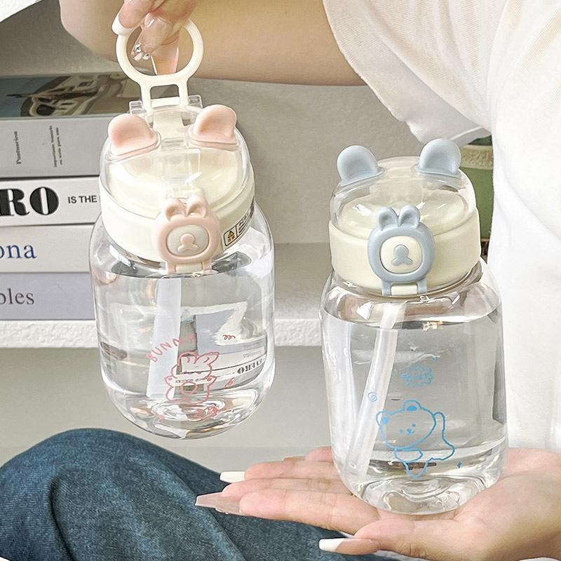 500Ml Kawaii Rabbit Water Bottle Portable Cute Ear Shaped Drinking Cup With Straw And Lid Summer Drinkware For Outdoor Camping