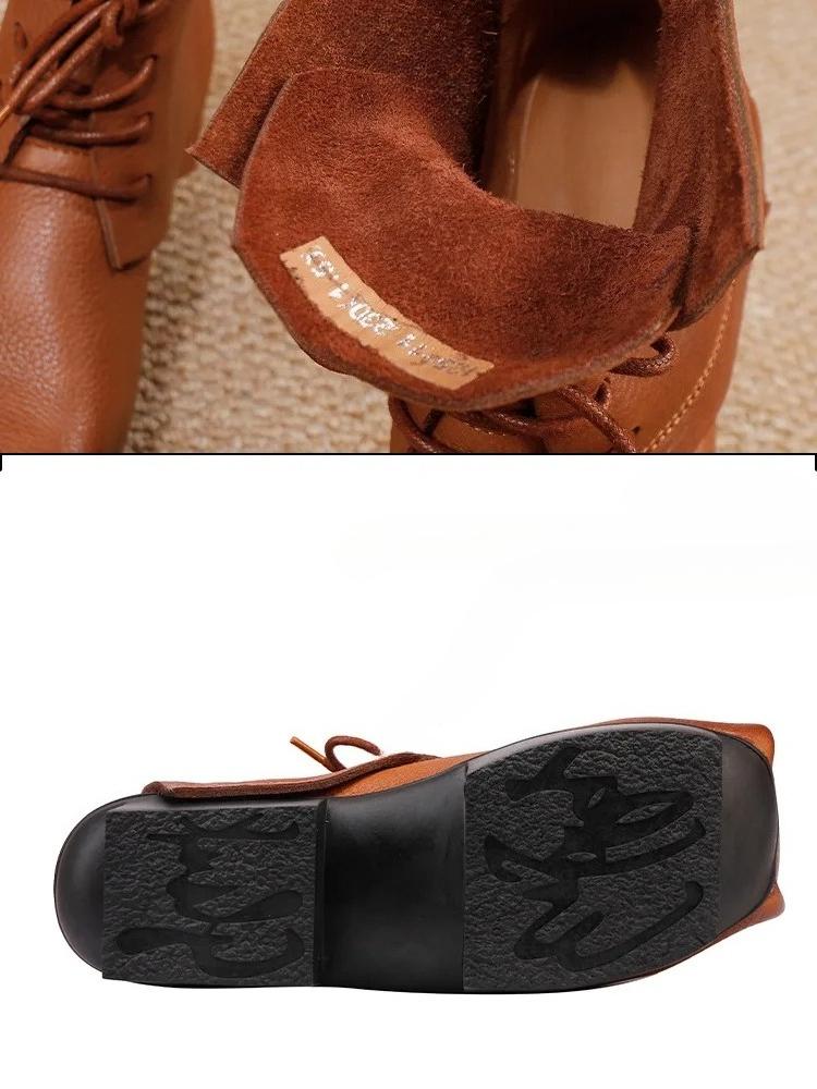 Johnature Square Toe Thick Heel Short Boots Genuine Leather Lace-up Women's Fashion Platform Boots