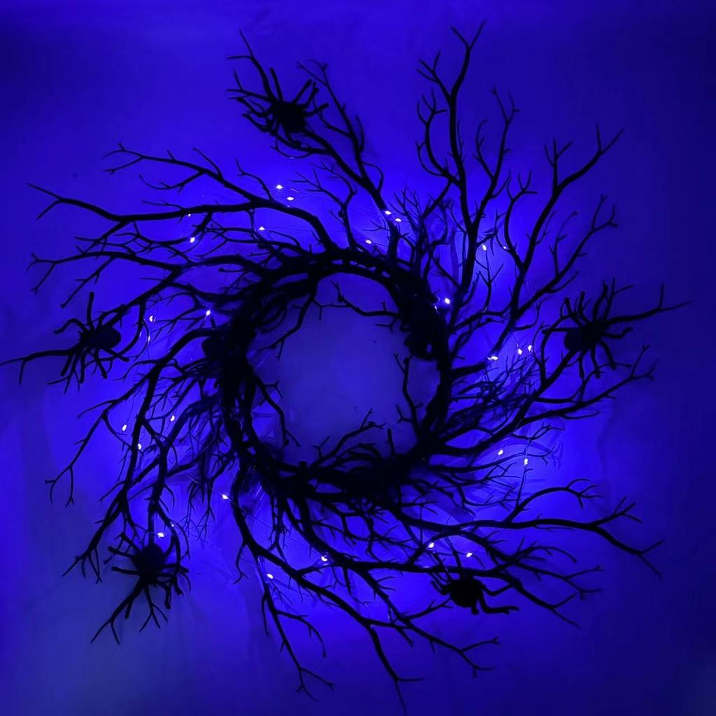 Halloween Decoration Wreath Black Branch with Spider LED Strings Light Battery Powered for Party Home Front Door Wall Decor