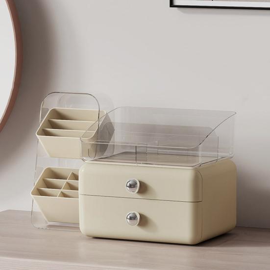Desktop Cosmetics Storage Box Large Capacity Cosmetic Organizer with 2 Drawers Removable Multi-Compartment Box Makeup Organizer for Dresser