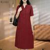 ZANZEA Women Casual Button Round Neck Short Sleeve Plaid Print Dress