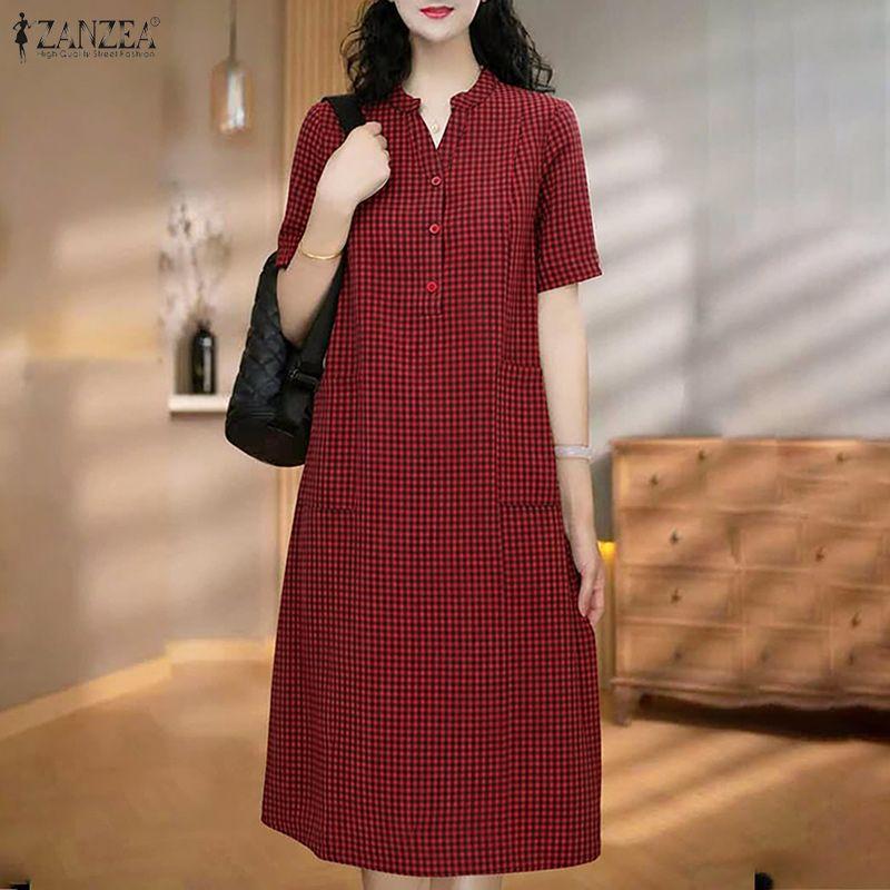 ZANZEA Women Casual Button Round Neck Short Sleeve Plaid Print Dress