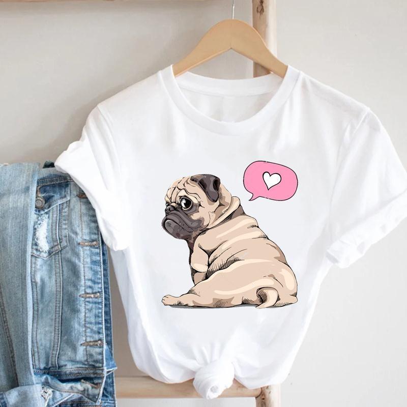 Dog Pug Love Cute Women Printing Short Sleeve T-shirt  Casual Fashion Clothes  T Tee Top Print  Female Clothing Graphic T-shirt