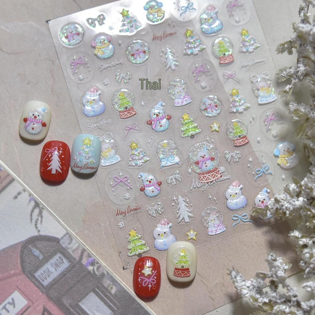 Tomoni Exquisite Ice Translucent Glitter Nail Stickers: Festive Christmas Tree & Snowman Design