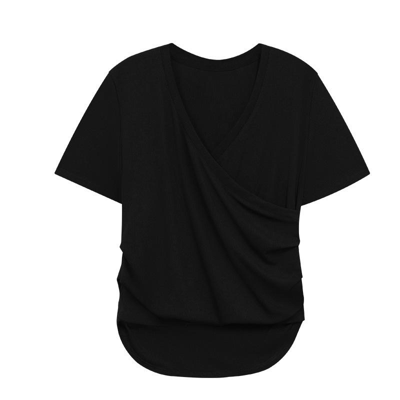Milk silk, cross v-neck short-sleeved t-shirt for women's summer slim-fitting and thin short models