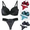 Flower Lace Womens Padded Bra Plunge Set Ladies Underwear Panties Sets Up Push