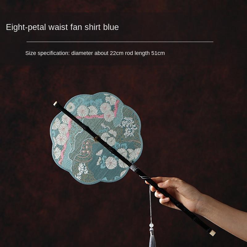 Fan Ancient Style Bamboo Round Vintage Flower Embroidery Chinese Style Hanfu Accessories Foldable Curly Long Handle Portable 1Pc