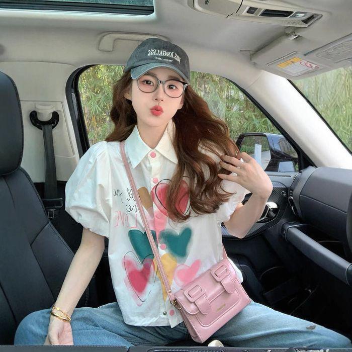 Women s Colorful Heart Print Puff Sleeve Top - 2025 Summer Collection X-Large белый