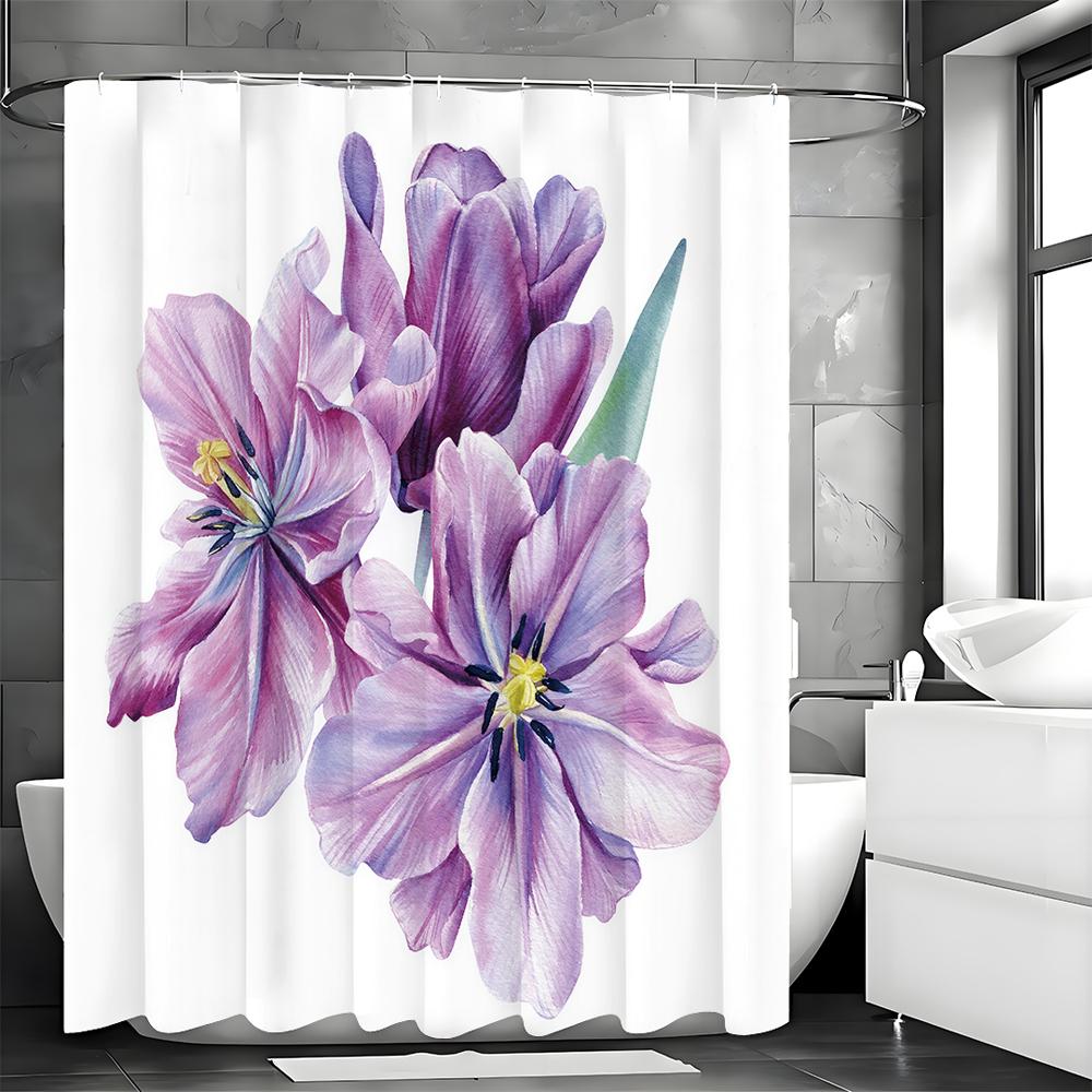 Purple Watercolor Floral Shower Curtain, Bathroom Decorative Shower Curtain, Waterproof Shower Curtain with Hooks