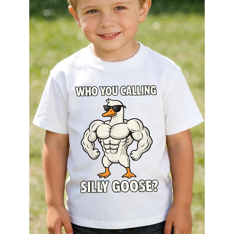 Boys Crew Neck Short Sleeve T-Shirt with Cartoon Muscular Duck Letter Print 110 белый