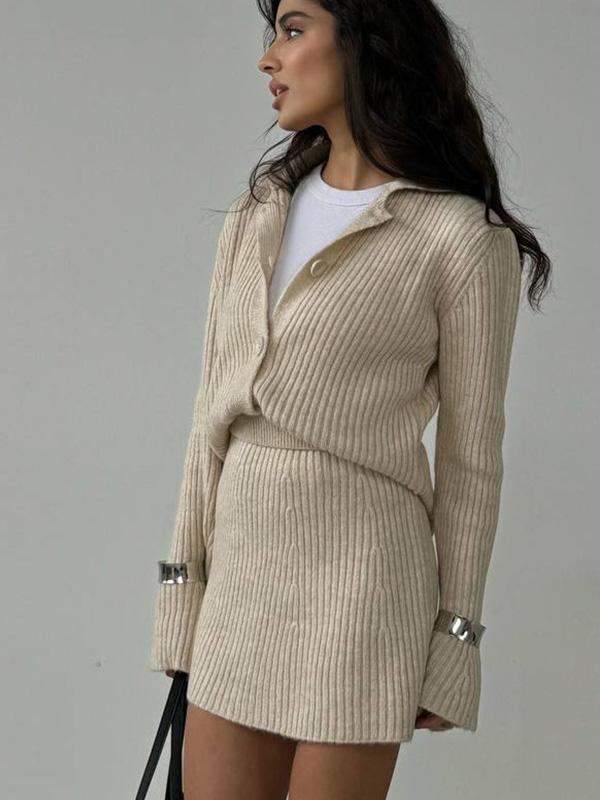Solid-Color Knit Sweater Set Minimalist Cardigan Top and Bodycon Skirt Two-Piece Set