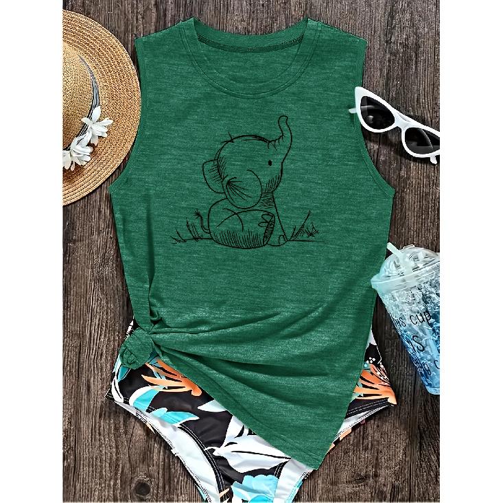 Elegant Vest for Women Line-drawing cute little elephant childlike print casual loose summer vest Fashionable, unique, cute, versatile American-style