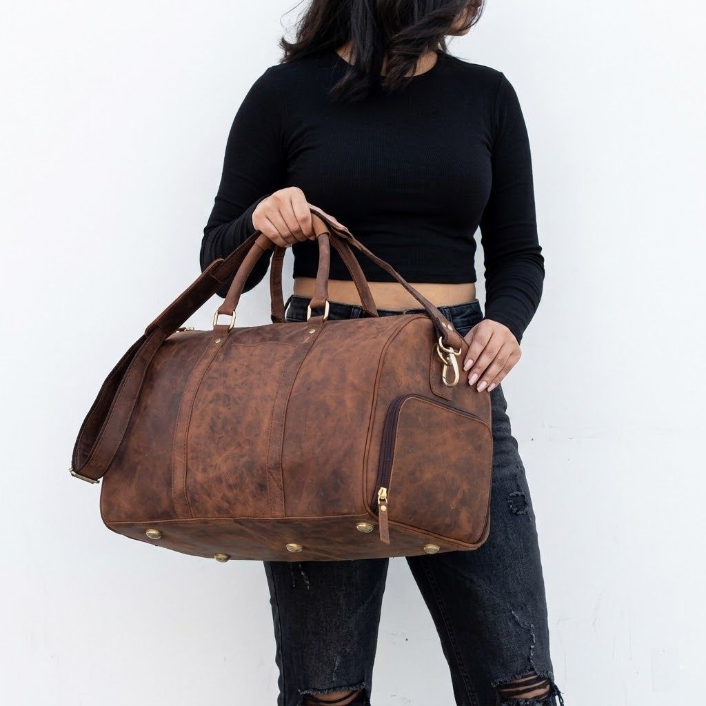 Mala Duffel de Couro de Vaca Personalizada:" Bolsa de Viagem Weekender