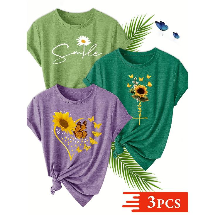 Women's Clothing 3 Pack of women's sports crew neck short-sleeve shirts T Shirt Sunflower Smile Slogan Combination Print Sunflower Butterfly Hot