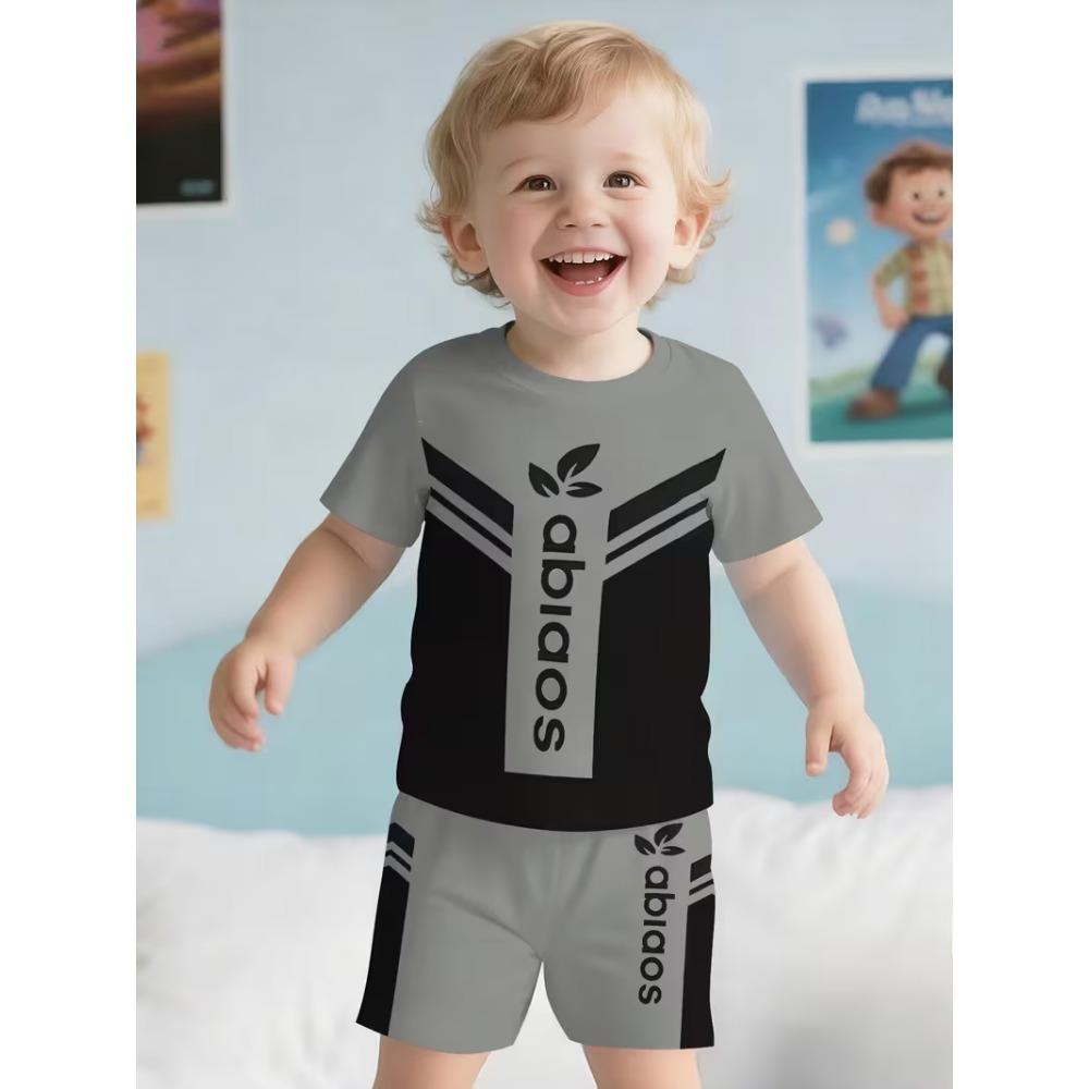 Geometric Color Block Kids Sport Suit Short Sleeve Tee and Shorts 2-Piece Set Green Casual Summer Clothes for Boys