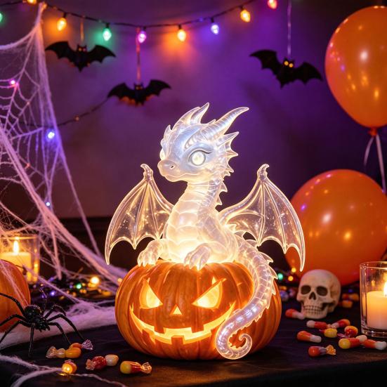 Dekorative LED-Lichter für Fensterbänke Halloween Kürbis Nachtlicht, Harz Drachen Tischlampe, Hexe Stimmungslicht Partyhut Schwarze Katze Krähe Lampe