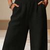 Damen Hose Hohe Taille Gerade Weiter Bein Lange Hose mit Elastischem Bund Tiefe Taschen Knitterarm Casual Hose
