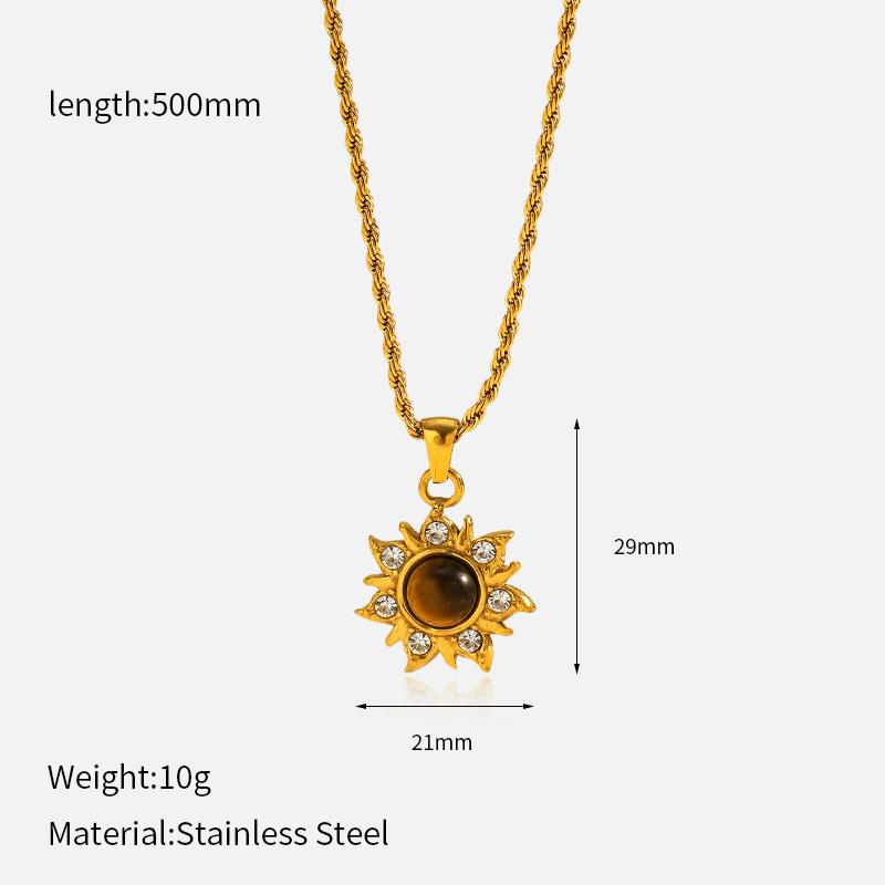 Light Luxury Sunflower Tiger Eye Stone Gold Choker Necklace Retro Unique Pendant For Women