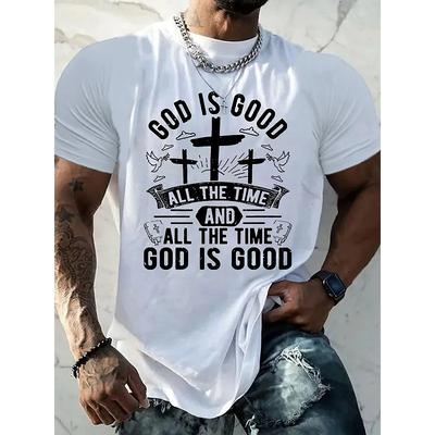 Men's Plus Size Christian Faith T-Shirt- God Is Good Forever, He Is Good All the Time- Cotton Breathable Black with White Cross Print