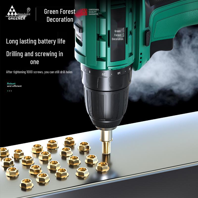 Green Forest 16.8V Brushless Electric Drill: Multi-Function Lithium Pistol Power Tool with Charging Impact and Screwdriver Function.