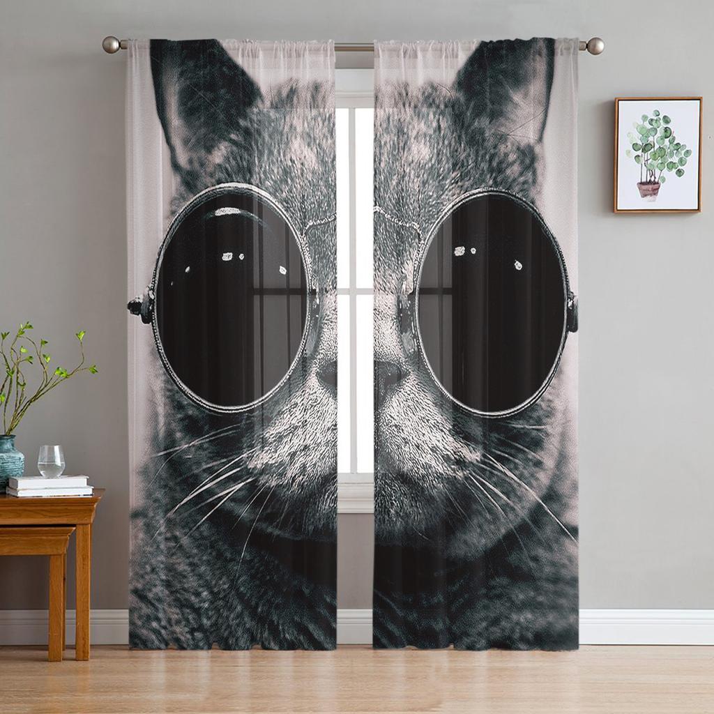 Cat With Glasses Chiffon Sheer Curtains for Living Room Bedroom Home Decoration Window Voile Tulle Curtain Drapes