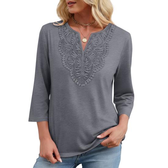 Damen Oberteile Dreiviertelarm V-Ausschnitt T-Shirts mit Hohlstickerei Muster Lockerer Schnitt Freizeitbluse Tägliche Kleidung