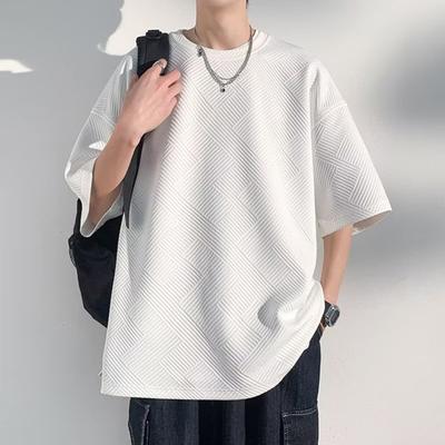 Summer Men T-shirt Round Neck Loose Mid Length Solid Color Waffle Texture Plus Size Half Sleeves Japanese Style Streetwear Outdoor Top