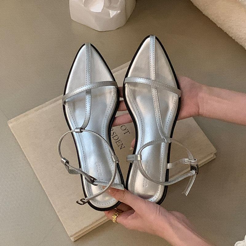 Fashion Luxury Female Fashion T-Strap Women Low Heel Sandals Shoes Summer Pointed Toe Ladies Round Heel Sandals Shoes