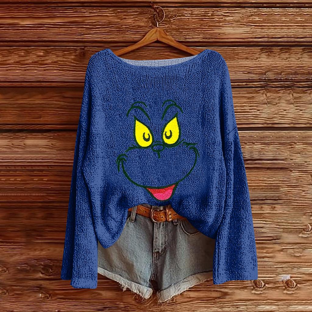 Women's Round Neck Lightweight Sweater Casual Long Sleeve Christmas Print Knit Pullover.