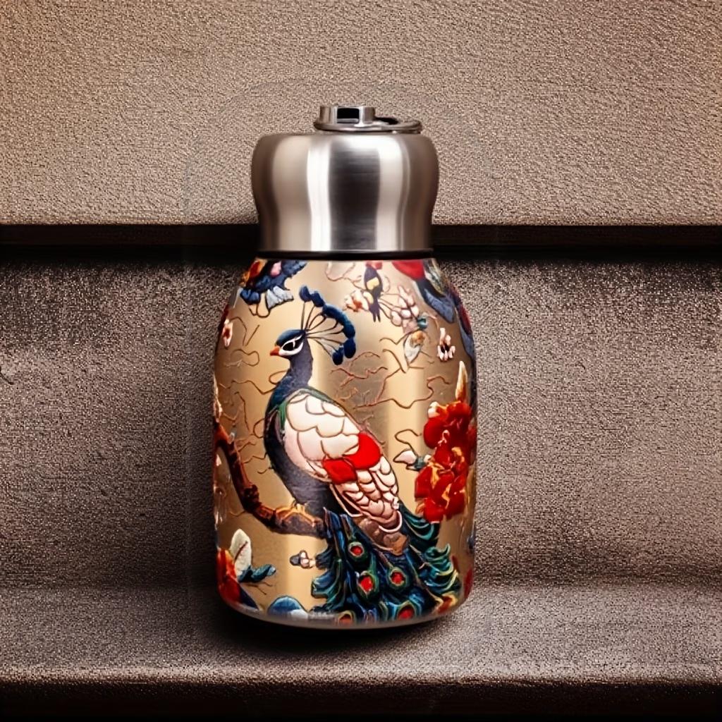 

1pc Mini Stainless Steel Vacuum Insulated Bottle - Retro Chinese Style / Peacock / Butterfly / Floral Design Mug for Outdoor 300ml