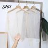 See-through Women Top Ultra-thin Lace Long Sleeves Solid Color Loose Super Soft Shirt Casual Mock Neck Visible Spring Summer