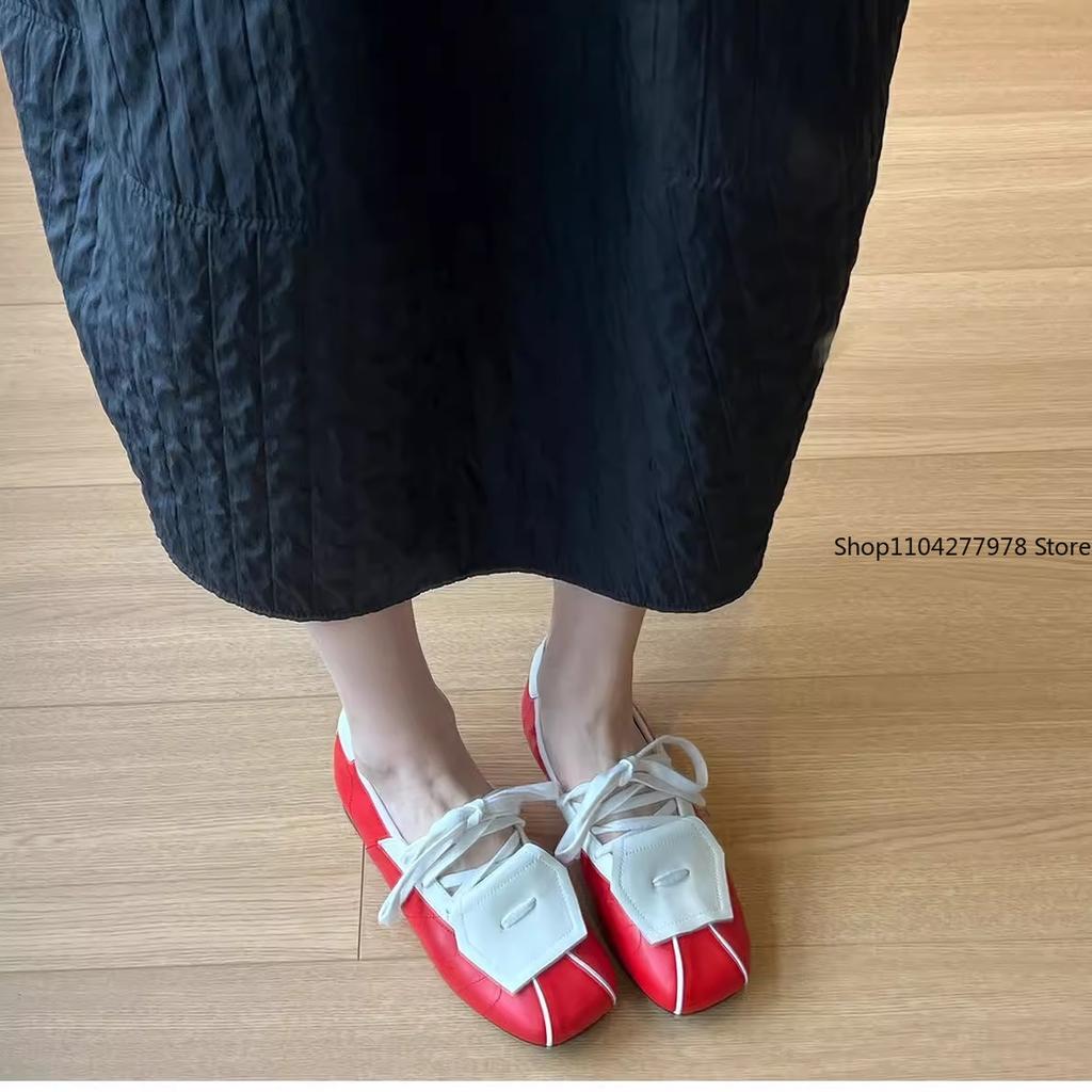 Fashion PU Leather 2025 Summer Mary Jane Shoes Mixed Colors Lace-up Square Head Sneakers Women's Flip Comfortable Sports Shoe Flats