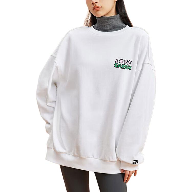 Anta Lifestyle Series Letter Round Neck Pullover Loose Sweatshirt Women sweatshirt Magnolia-White 962238722-1