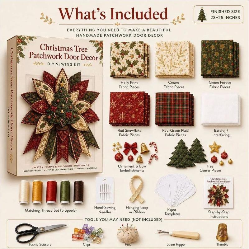 1 Set Christmas Door Hanging Wreath Quilted Fabric Gingerbread Poinsettia Tree Diy Sewing Kit Holiday Craft Home Decor Gift