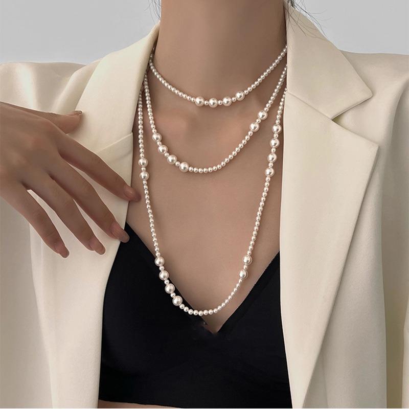 French Geometric Round Pearl Beaded Necklace Fashion Simple Court Style Necklace Light Luxury Premium Sweater Chain Women