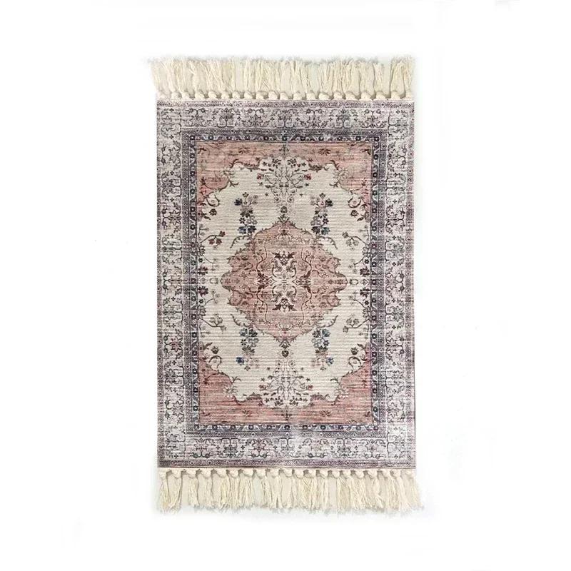 Persian Style Hand-Knotted Floor Mat With Tassels Retro Ethnic Geometric Printed Area Rugs Kitchen Bedroom Bath Non-Slip Carpet