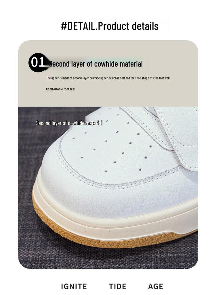 Women's White Platform Sneakers - 5cm Height Boost, Autumn Casual, Velcro, Thick Sole, Genuine Leather.