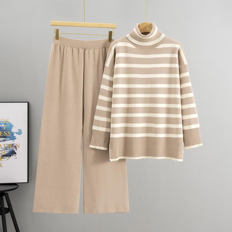 Women's Striped Knit Sweater & Wide-Leg Pants Casual Two-Piece Set for Autumn/Winter