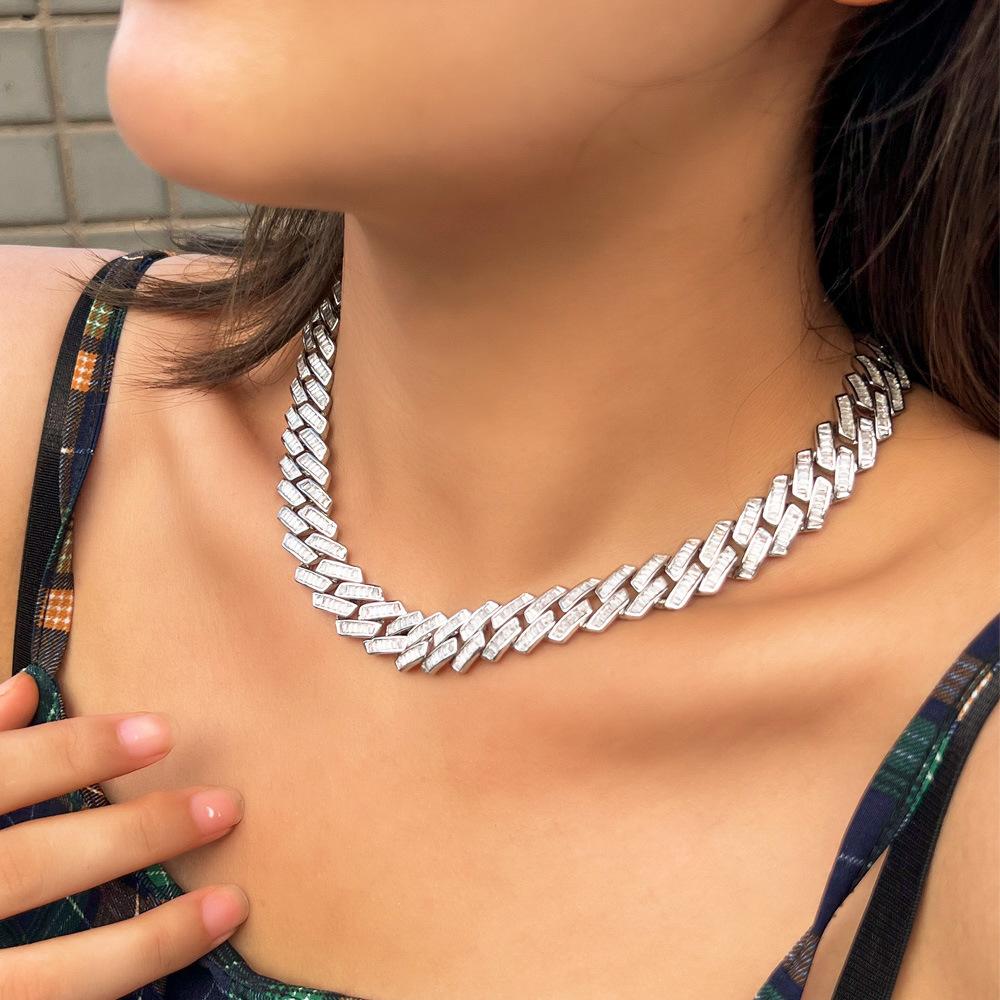 Hip-Hop Necklace Full Diamond Rhombus Cuban Chain Domineering Ladder Square Zircon Necklace Trendy Jewelry