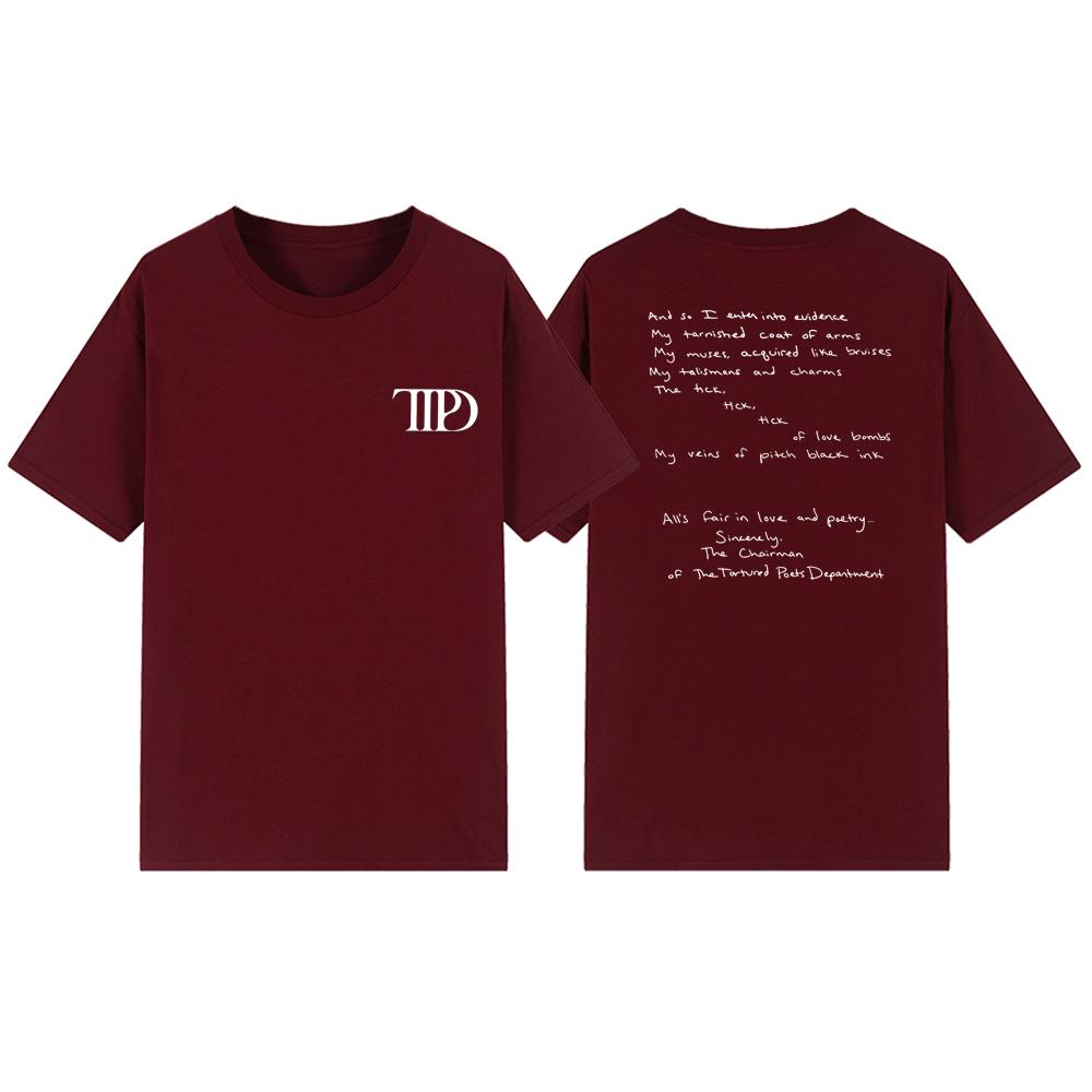 Футболки The Tortured Poets Department, женская футболка All s Fair in Love and Poetry, футболка с новым альбомом, футболки для концертов TTPD XXXL бордовый