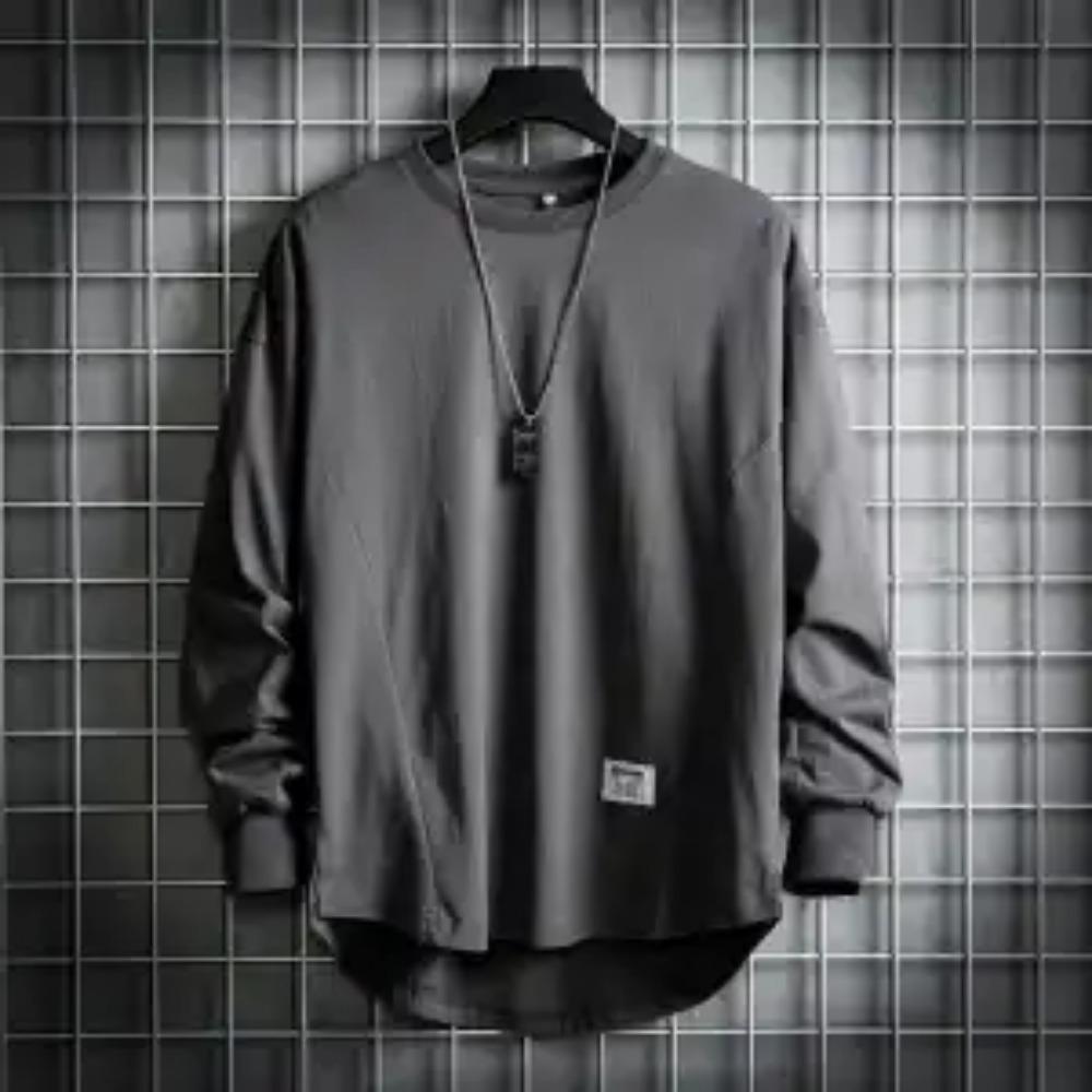 Reiner Baumwollpullover mit Rundhalsausschnitt für Herren Herbst Neu Locker Vielseitig Langarm T-Shirt Einfarbiges Unterhemd Mode-Top