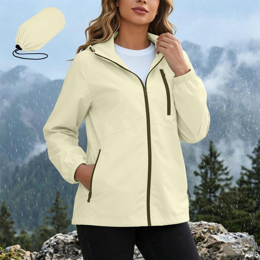 Women's Waterproof Windbreaker Jacket Hooded Outdoor Lightweight Zip Up Windproof Coat with Pockets for Hiking Camping