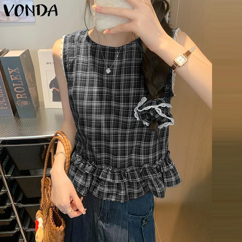 

VONDA Vintage Women Casual Sleeveless Lace Hem Plaid Print Ruffled Tank Tops 5XL коричневий