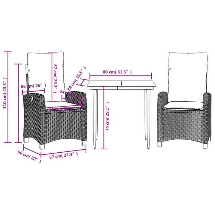 VidaXL 3-Piece Garden Dining Set with Cushions, Table and Chairs with Adjustable Backrest, Outdoor Furniture, 3212722