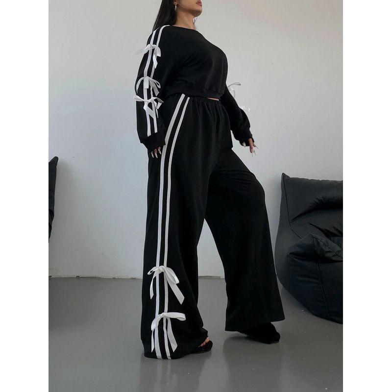 2025 Autumn New Independent Station Women clothes Bow Casual Long sleeve Top Loose Trousers Hoodie Two-Piece Suit