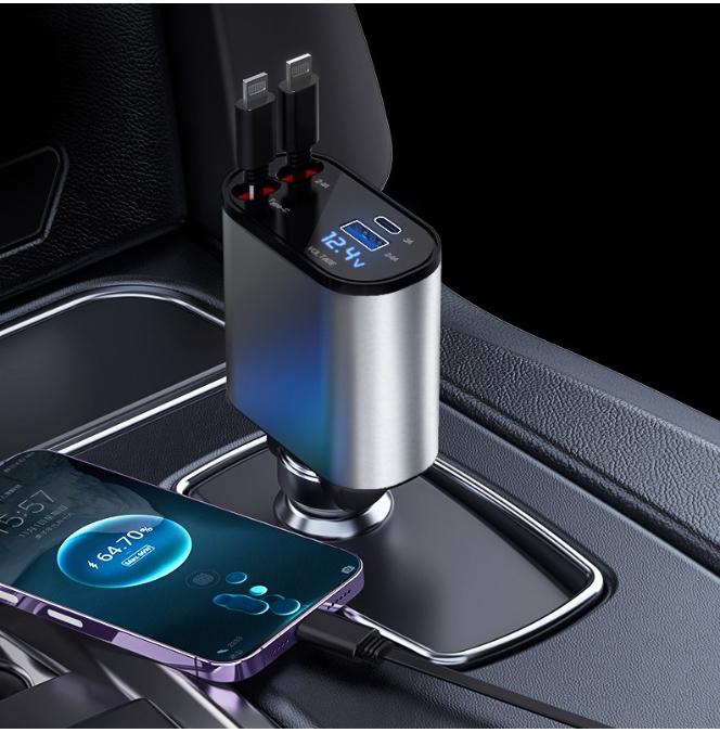 Pentru IPhone Huawei Samsung 100W 4 ÎN 1 Încărcător auto retractabil Cablu USB tip C Cablu de încărcare rapidă Adaptor brichetă X4W3