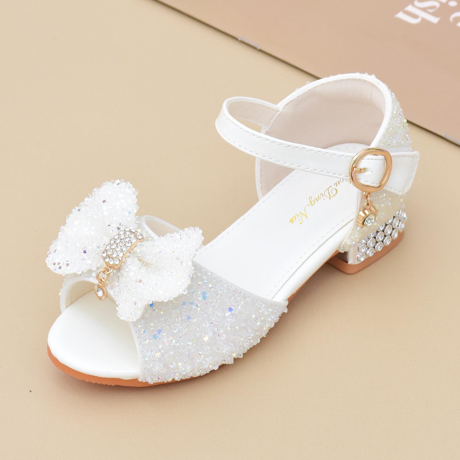 

2024 Girls Crystal Princess Sandals - White Soft Sole High Heels for Big Kids 22.5 cm (Size 36) белый